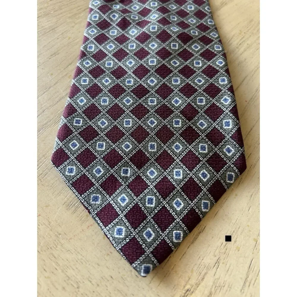 VTG Ralph Lauren Silk Tie Ivy League Geometric diamond square motif Burgundy USA